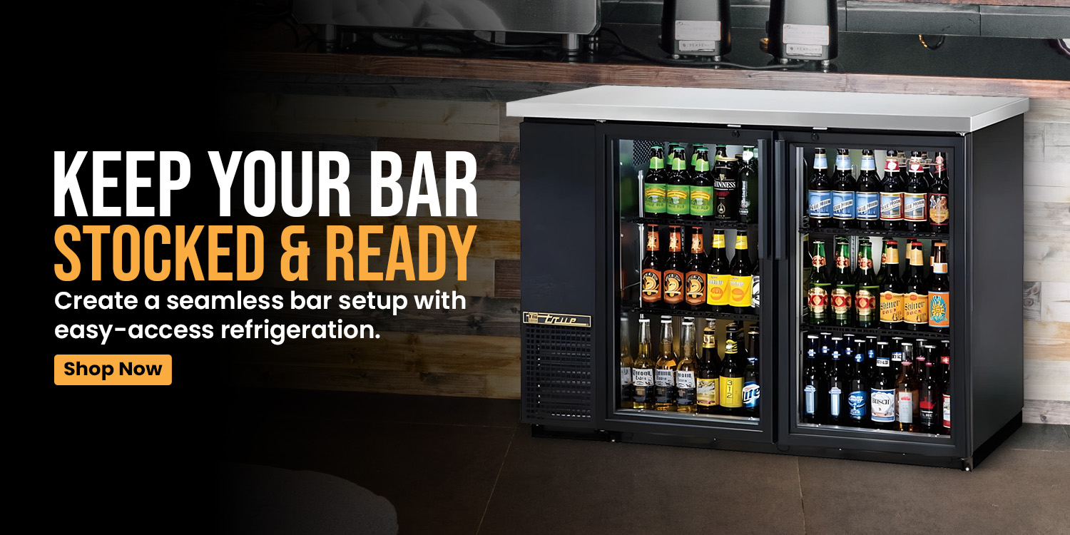 Glass door bar refrigerator filled with bottled beverages, designed for fast access and efficient bar service in hospitality settings.